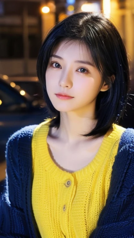 Highest quality、Japanese women、The most beautiful woman in the world、sexy、Blue-black hair color、Short Hair Style、Small face、Beautiful skin、night、Large breasts、Realistic、Crying face、Yellow Sweater