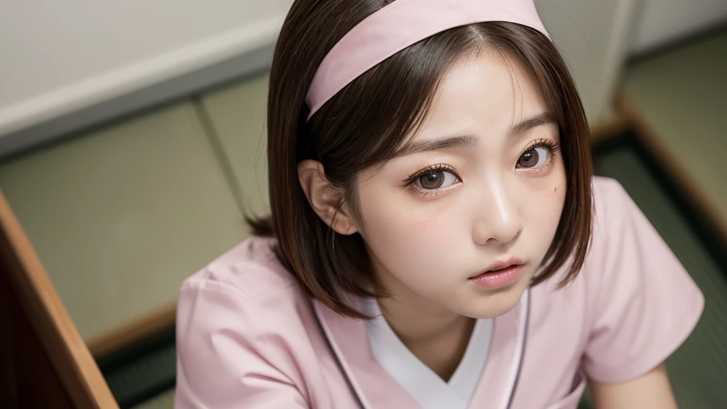 (1 Girl )、(Beautiful Japanese,round face、Refreshing、clear、seems kind、stylish、Pitiful、cute like an angel、cute、black eyes、(Single eyelid:1.3)、(Beautiful skin), {(Japan human face:1.6),(General facial features)} , (((Beautiful breasts:0.4))),(((soft breasts))),(very cute),(enchanting eyes),(highlight on eyes:1.2)、brown hair,(short bob hair),(8K、Live shooting、highest quality、masterpiece:1.2、optimal lighting),(Photo taken by a professional photographer),(real、photo real:1.4),BREAK,{ (pink nurse costume),(((pink taraditional nurse uniform)))},break, hospital,from below,(((1970s vibe)))、Hospital room,face shot:1.4,クローズアップ、,squatting,sad:1.4,open mouth:0.5,looking at viewer,from above