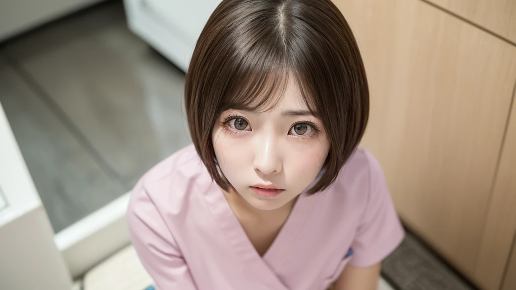 (1 Girl )、(Beautiful Japanese,round face、Refreshing、clear、seems kind、stylish、Pitiful、cute like an angel、cute、black eyes、(Single eyelid:1.3)、(Beautiful skin), {(Japan human face:1.6),(General facial features)} , (((Beautiful breasts:0.4))),(((soft breasts))),(very cute),(enchanting eyes),(highlight on eyes:1.2)、brown hair,(short bob hair),(8K、Live shooting、highest quality、masterpiece:1.2、optimal lighting),(Photo taken by a professional photographer),(real、photo real:1.4),BREAK,{ (pink nurse costume),(((pink taraditional nurse uniform)))},break, hospital,from below,(((1970s vibe)))、Hospital room,face shot:1.4,クローズアップ、,squatting,sad:1.4,open mouth:0.5,looking at viewer,from above