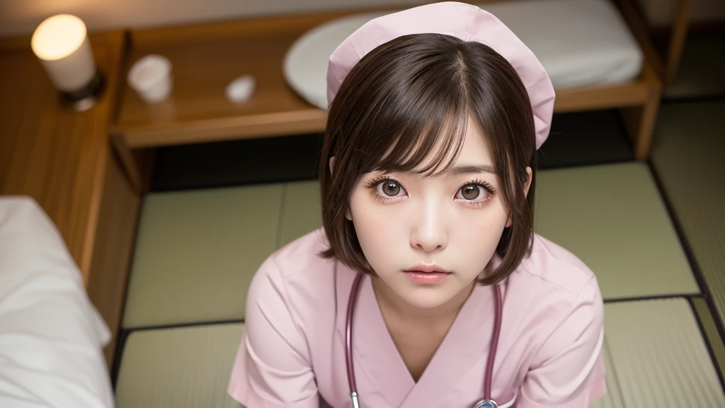 (1 Girl )、(Beautiful Japanese,round face、Refreshing、clear、seems kind、stylish、Pitiful、cute like an angel、cute、black eyes、(Single eyelid:1.3)、(Beautiful skin), {(Japan human face:1.6),(General facial features)} , (((Beautiful breasts:0.4))),(((soft breasts))),(very cute),(enchanting eyes),(highlight on eyes:1.2)、brown hair,(short bob hair),(8K、Live shooting、highest quality、masterpiece:1.2、optimal lighting),(Photo taken by a professional photographer),(real、photo real:1.4),BREAK,{ (pink nurse costume),(((pink taraditional nurse uniform)))},break, hospital,from below,(((1970s vibe)))、Hospital room,face shot:1.4,クローズアップ、,squatting,sad:1.4,open mouth:0.5,looking at viewer,from above