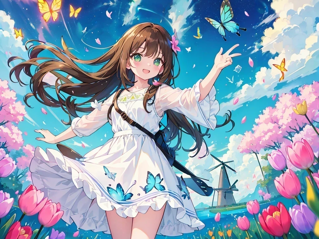 kawaii, anime, Cute, hyper quality, highly detailed, 16k, Front facing, Clarity, smile, girl, dark brown long hair, green eyes, highlight on eyes, Netherlands, windmill, tulip field, breeze, petals dance, white dress, feather backpack, brown bird flies, blue sky, open your mouth and laugh, the skirt flaps, Uplifting, light effects, Brightly colored effects, butterflies dance, wet tulips, Inciting point of view, aurora effect, Powder of light dances, clear blue sky, tulips waving in the wind, Shining eyes, finger heart, tulip, water flows,