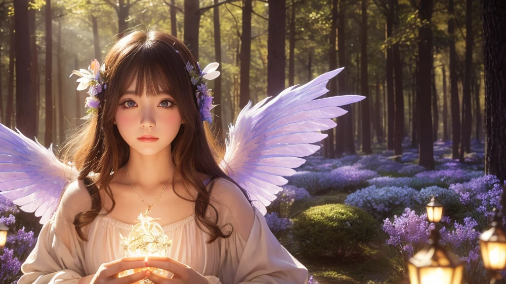 1920×1080、Photogenic reality、heaven、Fantasy、magic、In the fantasy forest、Wrapped in dazzling light、眩Shiiほどの黄金色の光が降り注ぐ、god々Shii、Fantasy、Spreading its large wings、cute、Beauty、Adult female、Big Eyes、一人の美Shii天使の全身の画像を作ってください