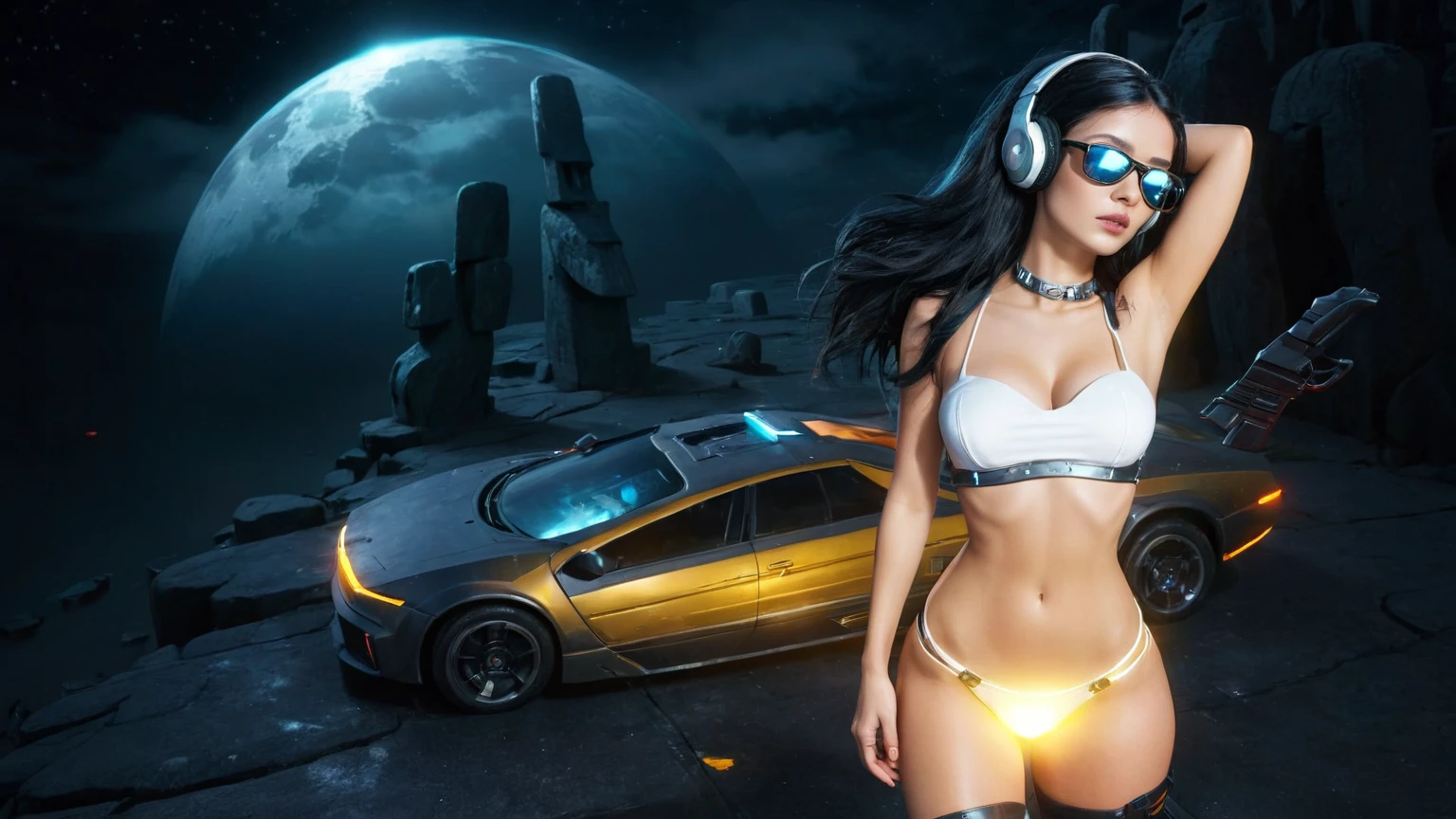 At night, dark sky, distant shot aerial view of fantasy cyberpunk style ice ((Moai-statue)) city, ((flying car)). ((1girl, solo, alone)), medium-breast:1.1 slim body, cleavage, sexy clothes, (headphone, black sunglasses, long black realistic hair), (((hip-up standing and holding pistol))), (((((half-body thigh level medium shot))))), cinematic lighting, lens flare, ray tracing.