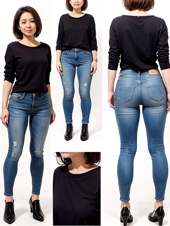 Detailed character sheet, Front view, Side view, Oblique view, with a white returnground, show women, 30 years old, with short dark brown hair combed return, Light casual clothing, Wearing tight denim jeans. The seat includes different angles, Front desk etc.., return, and Side views, Model and Reference Sheets, Full body painting. The ratio is based on 7.5 Head Scale.