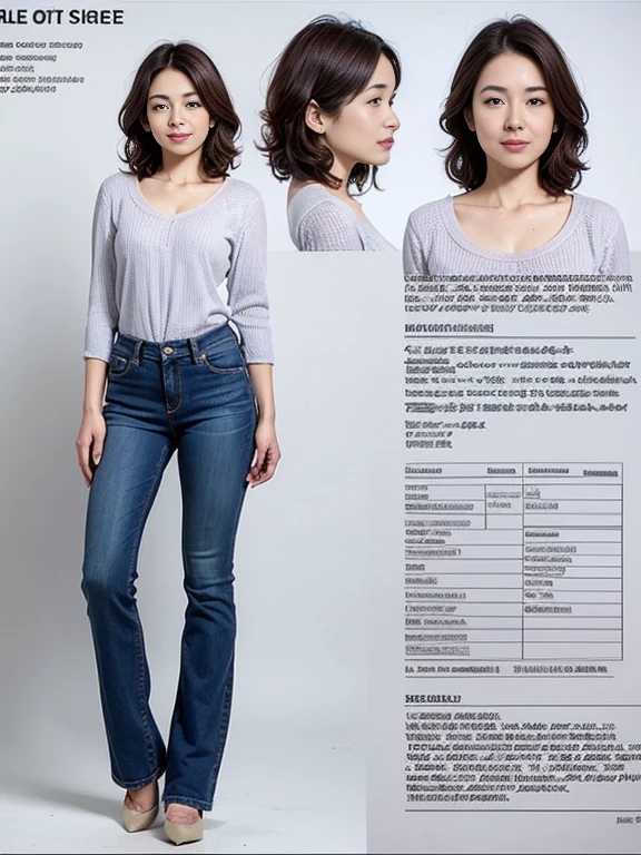 Detailed character sheet, Front view, Side view, Oblique view, with a white returnground, show women, 30 years old, with short dark brown hair combed return, Light casual clothing, Wearing tight denim jeans. The seat includes different angles, Front desk etc.., return, and Side views, Model and Reference Sheets, Full body painting. The ratio is based on 7.5 Head Scale.