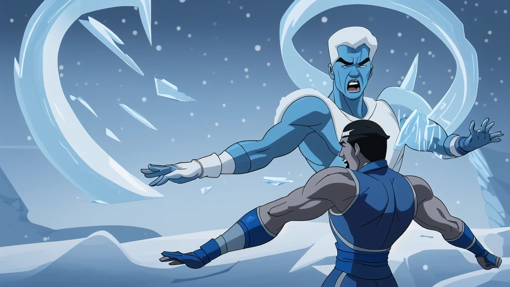 A cartoon-style illustration of Sub-Zero from Mortal Kombat, performing a dramatic martial arts move. The character has his hand outstretched towards an unseen opponent, with swirling ice and snow effects around him. The background shows a frosty fighting arena with icicles and snow. The overall style is exaggerated and comical, with bright colors and dynamic action poses.