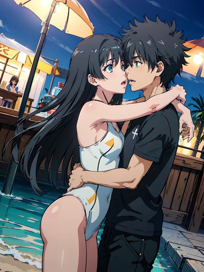 1girl and 1boy, Kiss, hug, (High resolution:1.4), (masutepiece:1.2), (High quality:1.3) 1girl, saten ruiko, green eyes, long hair, black hair, small breast, Swim suit, cinematic lighting, pov, dynamic angle, nsfw, 1boy is Kamijou Touma, A tall boy, happy, summer beach