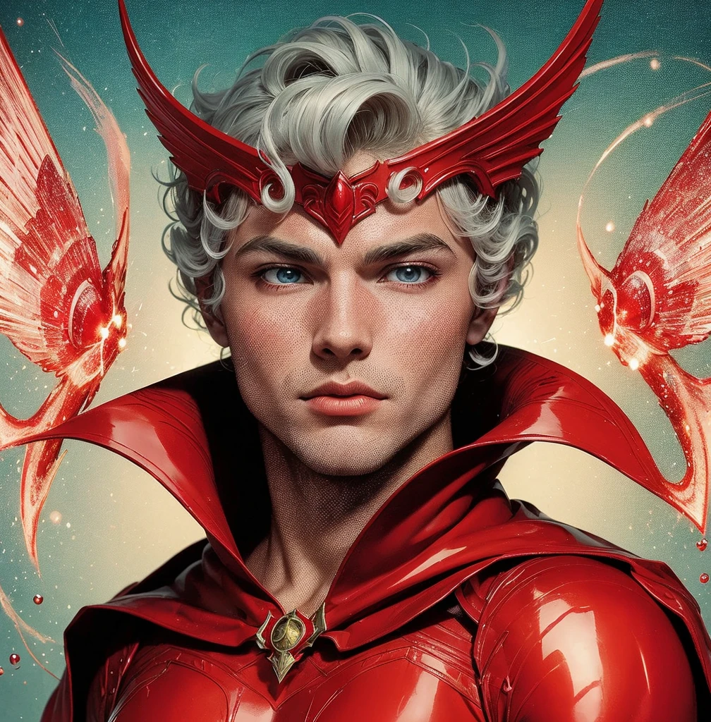 American classic comic book art: Scarlet Wizard man, handsome delicate ethereal young man, short platinum hair with beautiful waves curls, red helm tiara on forehead, butt, tight scarlet bright red bodysuit red sorcerer outfit, bright red gloves, light pink tight fishnet stockings, emanating scarlet red magic energy symbols, beautiful thighs, very young face man delicate, blue eyes, ethereal sorcerer scarlet, red sorcerer cape sorcerer, neck covered, classic comic book, ethereal male delicate body 