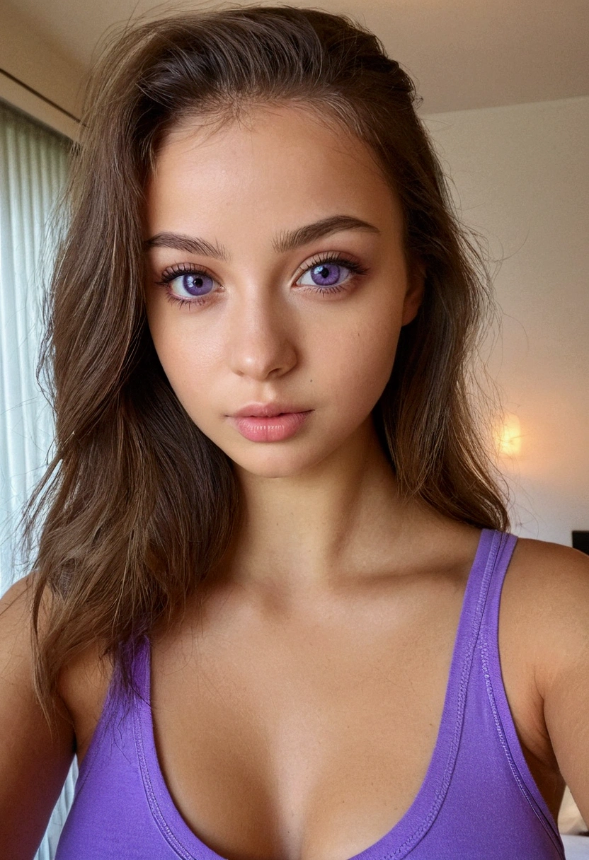 femme arafed avec un crop top très très cours et string assortis, fille sexy mais pas trop aux yeux bruns, portrait sophie mudd, cheveux bruns et grands yeux, selfie d'une jeune femme, sur un lit, violette myers, sans maquillage, maquillage naturel, regarder directement la caméra, Visage avec Artgram, Maquillage subtil, Superbe photo du corps entier, dans la chambre, clivage, photo faisant ressortir la poitrine, fille sexy
