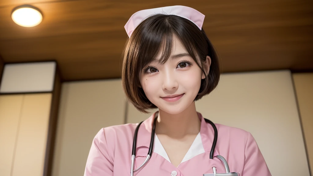 (1 Girl )、(Beautiful Japanese,round face、Refreshing、clear、seems kind、stylish、Pitiful、cute like an angel、cute、black eyes、(Single eyelid:1.3)、(Beautiful skin), {(Japan human face:1.6),(General facial features)} , (((Beautiful breasts:0.4))),(((soft breasts))),(very cute),(enchanting eyes),(highlight on eyes:1.2)、brown hair,(short bob hair),(8K、Live shooting、highest quality、masterpiece:1.2、optimal lighting),(Photo taken by a professional photographer),(real、photo real:1.4),BREAK,{ (pink nurse costume),(((pink taraditional nurse uniform)))},break, hospital,from below,(((1970s vibe)))、Hospital room,face shot:1.4,クローズアップ、,squatting,smile:1.2,open mouth:0.5,looking at viewer,from below