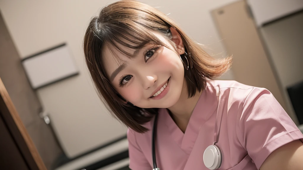 (1 Girl )、(Beautiful Japanese,round face、Refreshing、clear、seems kind、stylish、Pitiful、cute like an angel、cute、black eyes、(Single eyelid:1.3)、(Beautiful skin), {(Japan human face:1.6),(General facial features)} , (((Beautiful breasts:0.4))),(((soft breasts))),(very cute),(enchanting eyes),(highlight on eyes:1.2)、brown hair,(short bob hair),(8K、Live shooting、highest quality、masterpiece:1.2、optimal lighting),(Photo taken by a professional photographer),(real、photo real:1.4),BREAK,{ (pink nurse costume),(((pink taraditional nurse uniform)))},break, hospital,from below,(((1970s vibe)))、Hospital room,face shot:1.4,クローズアップ、,squatting,smile:1.2,open mouth:0.5,looking at viewer,from below