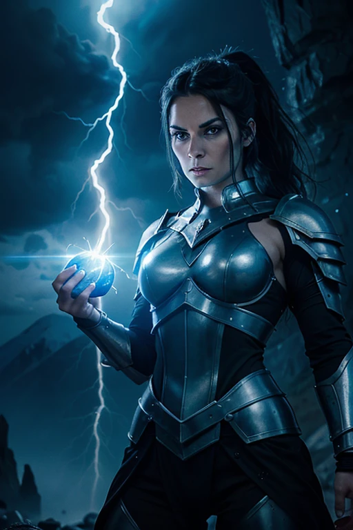 evil beautiful and muscular, Nordic female, towering storm Giantess with blue black hair in a ponytail, older and mature woman, throwing a lightning ball, glowing tattoos, wearing steel runic plate mail Armour , temple cave background with lightning storm, glowing blue eyes, square jaw, powerful and imposing, winter clothing