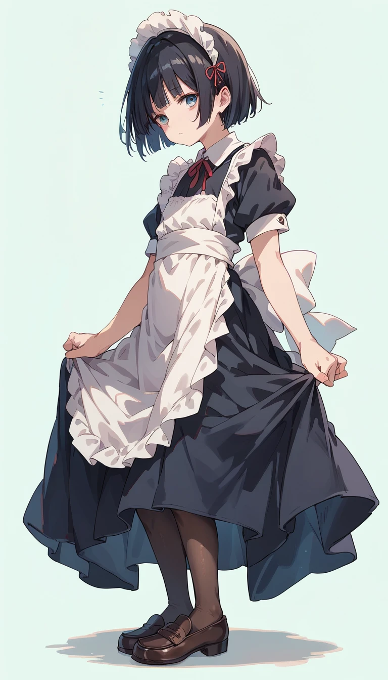 score_9, score_8_up, score_7_up,masterpiece,(bestquality),highlydetailed,ultra-detailed,1 boy, full body, solo, side view, femboy, otokonoko, black hair, bobcut, tiny height, flat chest, maid cloth, maid headdress, loafers, pantyhose, simple background