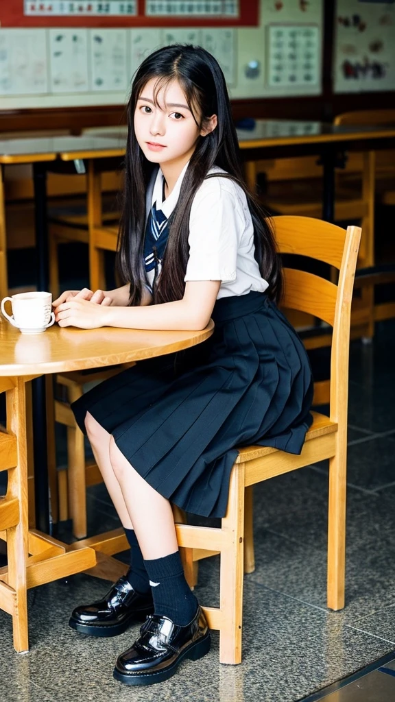 Cinematic Photo of a beautiful korean school girl, high quality, masterpiece, long hair, black shoes, sit in cafe