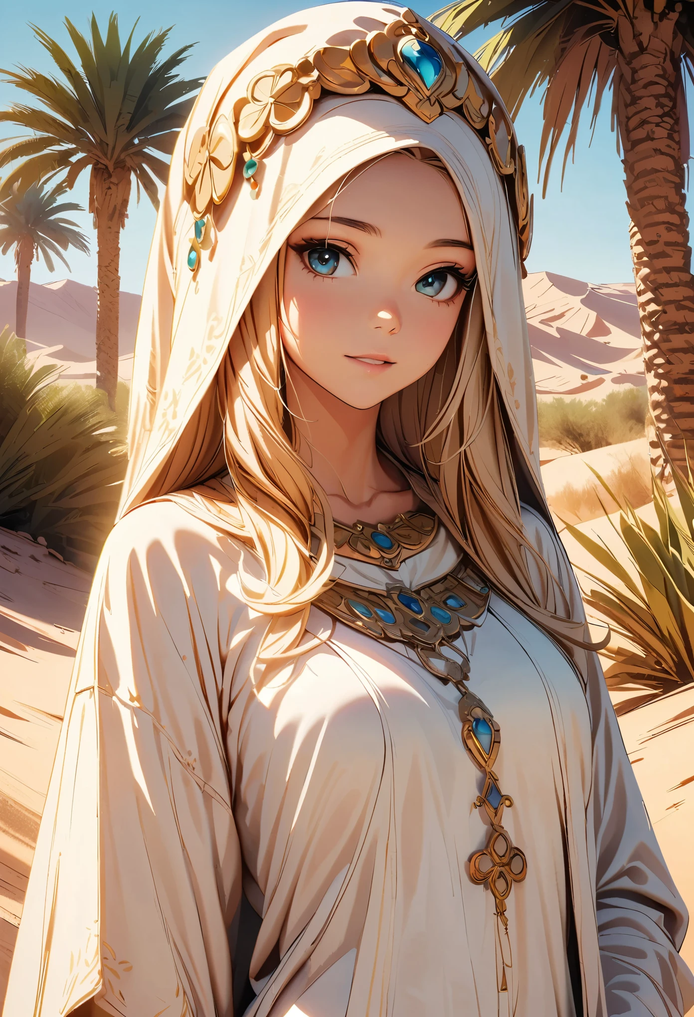 Beautiful young woman, Desert Princess, Sharp Eye, Delicate facial features, Abaya hides the body lines, Hijab to cover hair, flowing robe, Intricate Jewelry, Ornate headdress, Desert Landscape, Sunny, Golden Dunes, oasis, Palm tree, Dramatic lighting, Cinematic, Digital illustration, 8K, high quality, Super detailed.