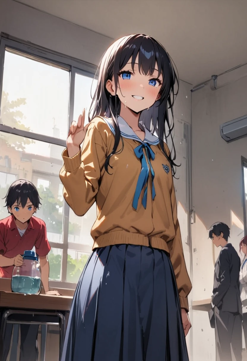 Plastic bottleからジュースを飲んでいる、My clothes are wet with juice、Juice dripping from the mouth、from directly below、Stinking eyes、sideways glance、School、In the classroom、Girl、Girl、Short、Younger、、Baby Face、flat ch、Dynamic Angle、masterpiece、best quality、ultra-detail、Sweating heavily、The air conditioner is broken、Summer sunshine、Looks hot、The desks are lined up、corridor、window、There are several classmates behind me.、Clothing、Untidy appearance、Her chest is exposed、Fan、Heat