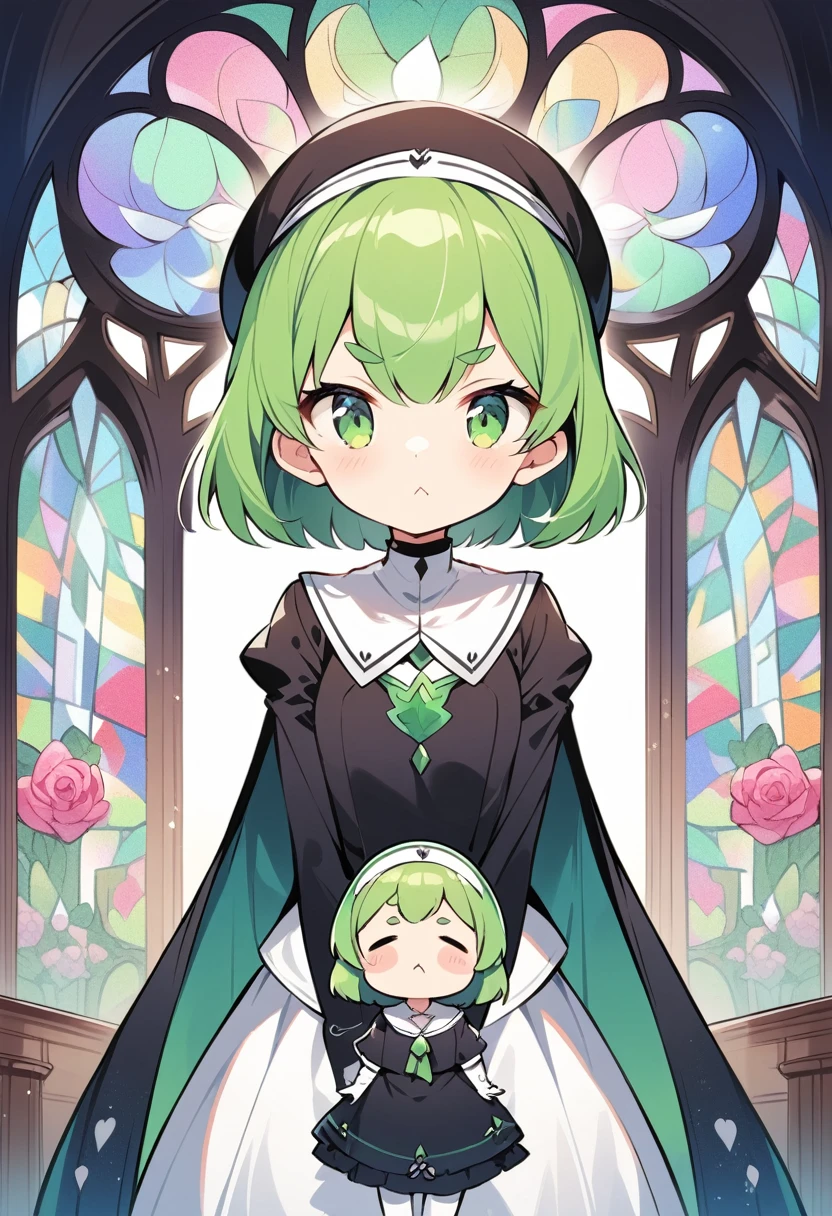 (loli:1.4),(little female child:1.4), cute face, 6 years old,kawaii, (highlight on eyes:1.1), small breast, (jiggly:0.8), shiny skin,(mini girl:1.5),
BREAK
(green maro eyebrows:1.4), :<, (jitome:1.1),pouty and slightly grumpy,(medium green hair:1.2),pout,disgusted eyes, green eyes, puffy eyes,
BREAK
breathtalking Scenery, breathtalking Beauty, breathtalking Cute,scenery, (best quality, masterpiece:1.2), (ultra high quality:1.2),smooth soft skin, natural skin,
BREAK
floral point black nun dress, nun veil,choker,excessive detailed collarbone,bare collarbone, long hem,wide shot,long shot,dynamicangle,
BREAK
(multi-layered flower shaped stained glass), (rose shaped stained glass),(music note effect fused with stained glass),(heart shaped Church windows),nature theme,(Giant stained glass leaf),(Multiple stained glass musical note),Atrium structure,ceiling,tiffany,dust particles,anime,stain glass inspired by leaf mark,