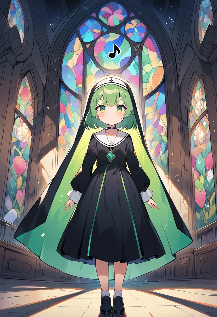 (loli:1.4),(little female child:1.4), cute face, 6 years old,kawaii, (highlight on eyes:1.1), small breast, (jiggly:0.8), shiny skin,(mini girl:1.5),
BREAK
(green maro eyebrows:1.4), :<, (jitome:1.1),pouty and slightly grumpy,(medium green hair:1.2),pout,disgusted eyes, green eyes, puffy eyes,
BREAK
breathtalking Scenery, breathtalking Beauty, breathtalking Cute,scenery, (best quality, masterpiece:1.2), (ultra high quality:1.2),smooth soft skin, natural skin,
BREAK
floral point black nun dress, nun veil,choker,excessive detailed collarbone,bare collarbone, long hem,wide shot,long shot,dynamicangle,
BREAK
(multi-layered flower shaped stained glass), (rose shaped stained glass),(music note effect fused with stained glass),(heart shaped Church windows),nature theme,(Giant stained glass leaf),(Multiple stained glass musical note),Atrium structure,ceiling,tiffany,dust particles,anime,stain glass inspired by leaf mark,