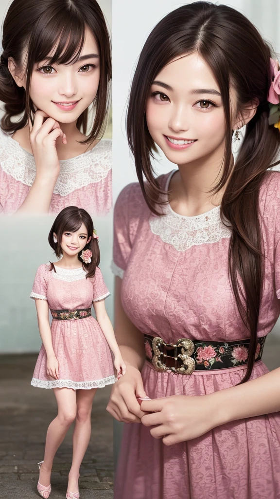 (Highest quality、8K、32k、masterpiece)、(Realistic)、(Realistic:1.2)、(High resolution)、Very detailed、Very beautiful face and eyes、1 Girl、Round and small face、Tight waist、Delicate body、(Highest quality、Attention to detail、Rich skin detail)、(Realistic、Realistic:1.37)、Bright colors、(((Brown Hair)))、(((Full Body Shot)))、(((Long Hair)))、(((Side Ponytail)))、(((Daytime park background)))、(((smile)))、(((Teeth are visible)))、(((Wear a dress)))、(((Touch your chin with your right hand)))、(((Pink floral dress)))
