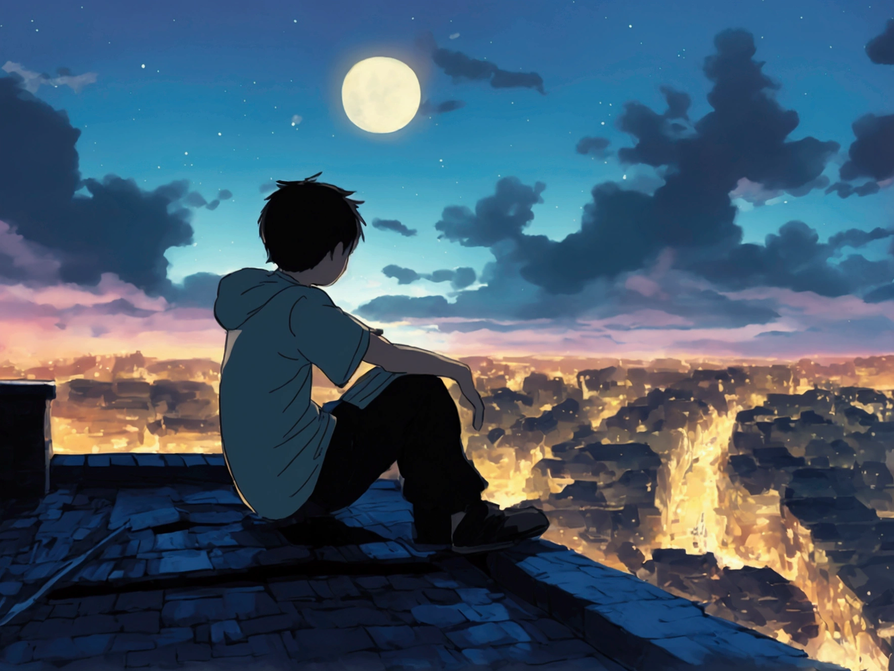 A boy is sitting on a roof on a moonlit night..