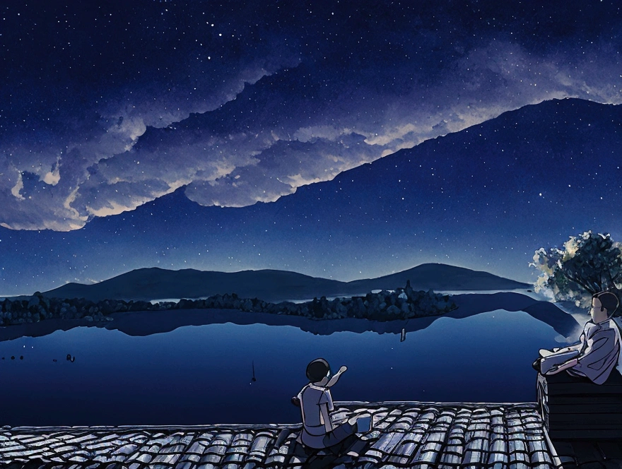 A boy is sitting on a roof on a moonlit night..