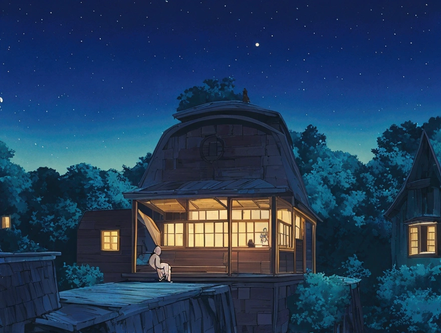 A boy is sitting on a roof on a moonlit night..