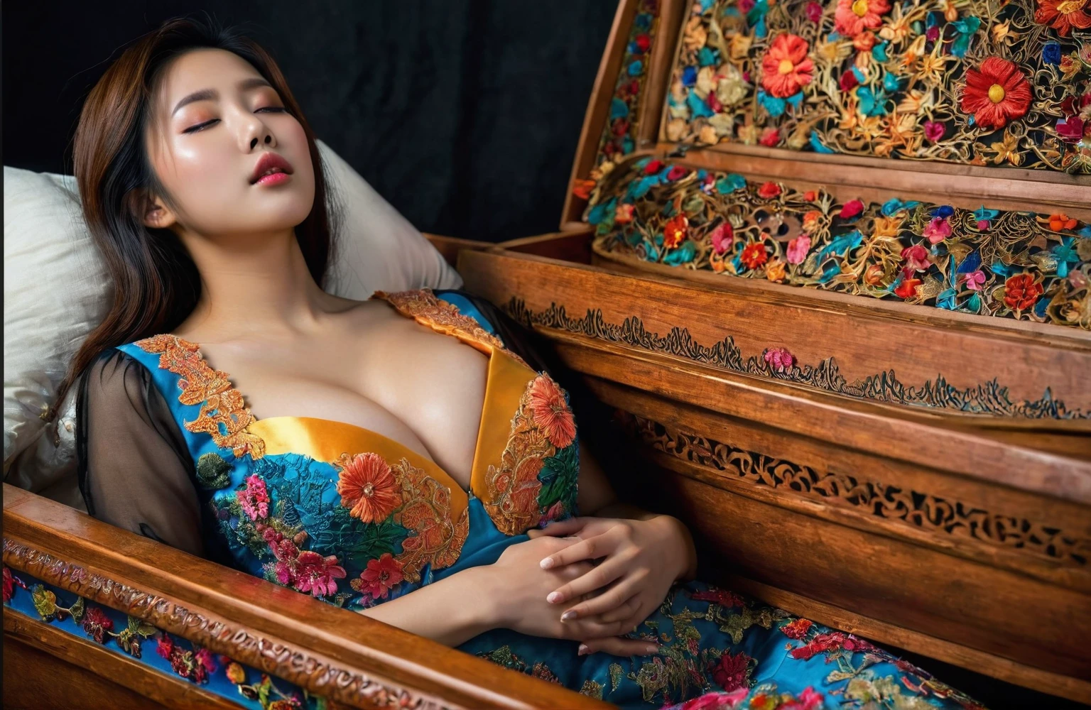 In a striking 8K HDR scene, a stunning Korean woman, 22 years old, lies peacefully in a colorful coffin surrounded by plush pillows. The deep box is set against a rich black background, accentuating the beauty of the subject. Her exquisite kebaya with sleeve attire is embroidered with superb detail, showcasing her round and firm breasts, perfect cleavage, and beautiful eyebrows. Her closed eyes and mouth give an air of serenity, while her visible and absolute cleavage leave nothing to imagination. The scene is bathed in saturated colors, highlighting every intricate aspect from the ball skirt to her clean face, straight body, detailed hand perfect hands, straight body.