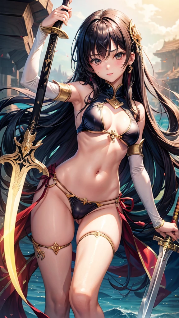 Beautiful Asian girl, 18 years old, light bikini knight girls, sexy lady, medium breasts, camel toe, long sword,