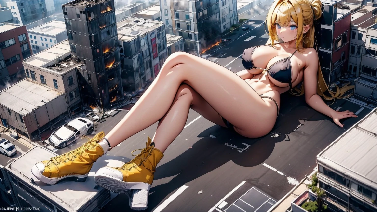 Giantess with firm , long sexy legs, yellow hair and in a bikini is lying on the ground, while the city at her feet burns in flames for the destruction she has caused, while the tiny people climb on her body to try to defeat her uselessly. Giantess, goddess, macrophilia, curvaceous body, hentai, fetish, sexy legs, bikini, high heels, high quality
