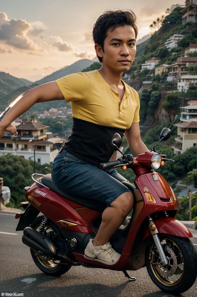 Disney poster with the title, "Spain Boss is not Tin Cans, 4D caricature of an Indonesian man with short hair, wearing a Spanish costume, holding a Spanish flag with Indonesian people, riding a motorbike, scooter, car, in a mountainous city area with an Indonesian highway background , hyper - realistic, high contract, high color effect, bk, detail, focus,