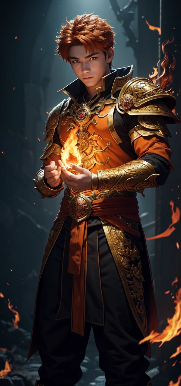 8K,A very young boy, the God of Fire, clothed in the energy of a 16-year-old.,Super handsome(Like the real thing),He looks at the audience with a fearless smile.,Orange Hair,Orange Flame Armor(Fire God Crest),Orange Flame Gauntlet(Fire God Crest),Orange Flame Leg Guards(Fire God Crest),Dark and desolate land,Photorealistic RAW photos of the highest quality。Bright colors,Rich colors, Backlight, Cinema Lighting, Film Grain, 50mm lens, Nikon D850,Realistic Skin,Fantasy art,Character Art,Ultra-high resolution,Realistic Skin,Extremely strong and defined abs,bulging muscles,A 16-year-old boy who is the god of fire,Golden Eyes,Black Flame God Outfit(Orange flame emblem filigree),Dynamic fighting pose,