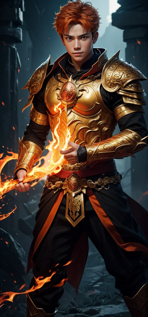 8K,A very young boy, the God of Fire, clothed in the energy of a 16-year-old.,Super handsome(Like the real thing),He looks at the audience with a fearless smile.,Orange Hair,Orange Flame Armor(Fire God Crest),Orange Flame Gauntlet(Fire God Crest),Orange Flame Leg Guards(Fire God Crest),Dark and desolate land,Photorealistic RAW photos of the highest quality。Bright colors,Rich colors, Backlight, Cinema Lighting, Film Grain, 50mm lens, Nikon D850,Realistic Skin,Fantasy art,Character Art,Ultra-high resolution,Realistic Skin,Extremely strong and defined abs,bulging muscles,A 16-year-old boy who is the god of fire,Golden Eyes,Black Flame God Outfit(Orange flame emblem filigree),Dynamic fighting pose,