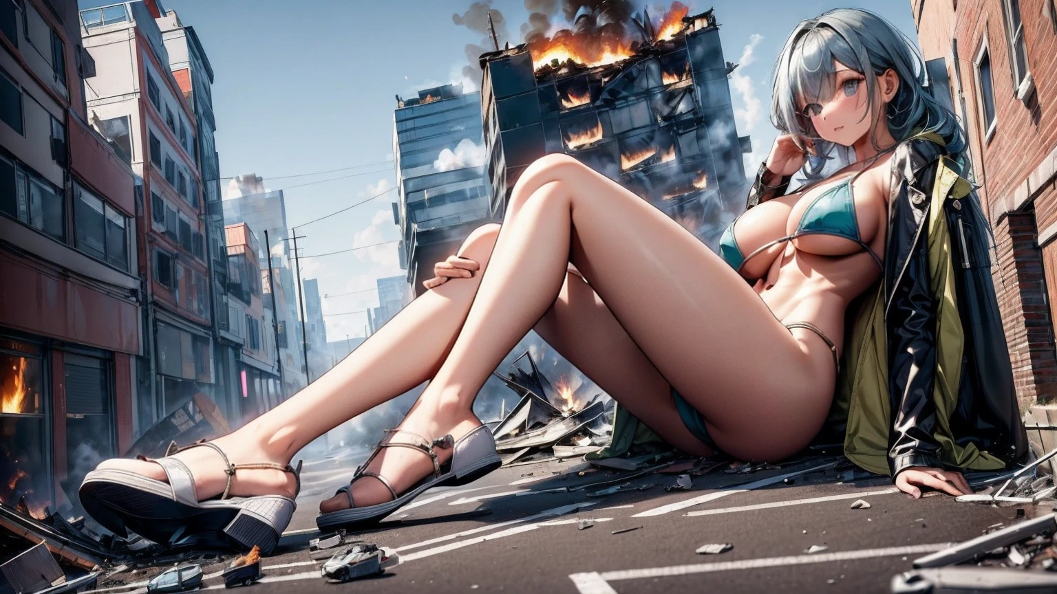 Giantess with firm , long sexy legs, yellow hair and in a bikini is lying on the ground, while the city at her feet burns in flames for the destruction she has caused, while the tiny people climb on her body to try to defeat her uselessly. Giantess, goddess, macrophilia, curvaceous body, hentai, fetish, sexy legs, bikini, high heels, high quality
