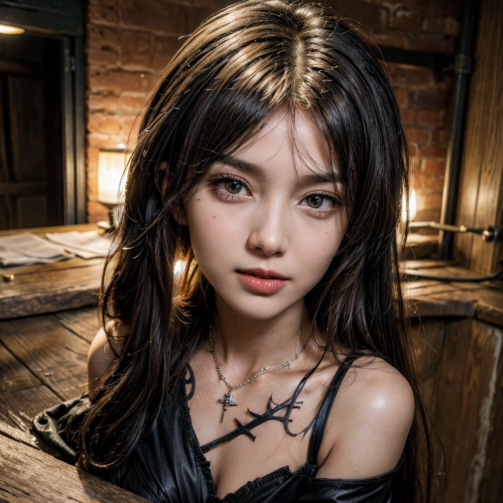 (msterpiece:1.3), (8k, RAW photo, best quality: 1.4), beautiful face, beautiful hairstyle, beautiful detailed eyes, beautiful skin, ultra high res, highly detailed,NSFW, 3 girls in abandoned underground prison cell, big breast,facial close up,necklace,arms behind back,evil smile,knife,light long hair, ultra detailed skin,Heavy makeup, flower hairpin, naked,colorful patterned lace dress,half body,muddy ground,dirty water,