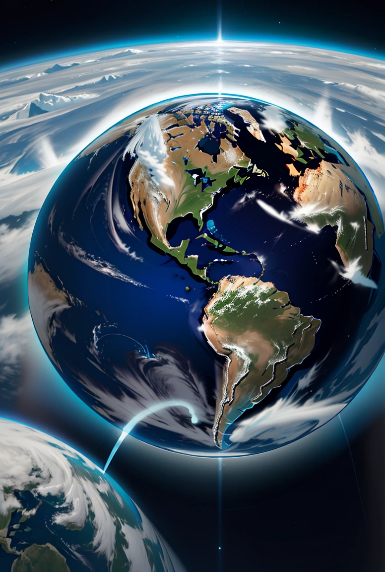 Realistic Earth, Covered by a significant layer of ice, Earth centered in the frame with a space backdrop, Extensive layers of ice indicate a colder global climate, and the dark space around Earth provides contrast, The Earth's atmosphere has a faint glow at the edges to emphasize its round shape and add depth to the composition.