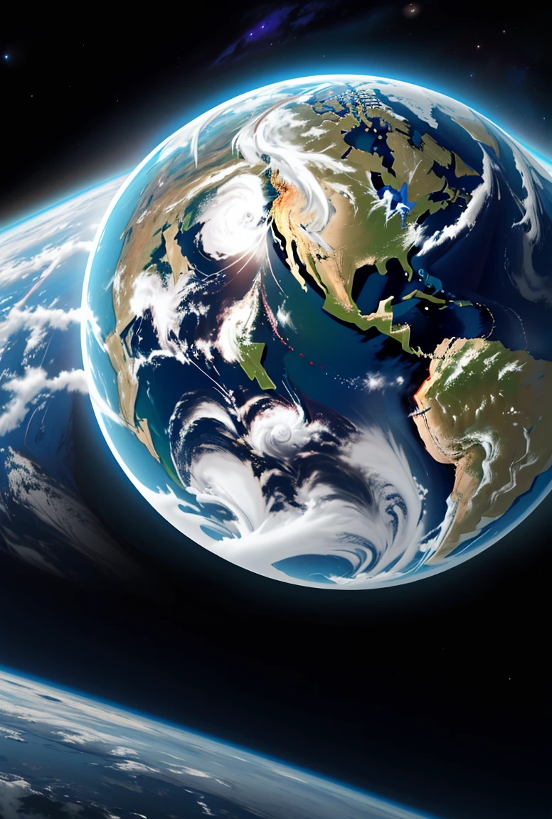 Realistic Earth, Covered by a significant layer of ice, Earth centered in the frame with a space backdrop, Extensive layers of ice indicate a colder global climate, and the dark space around Earth provides contrast, The Earth's atmosphere has a faint glow at the edges to emphasize its round shape and add depth to the composition.