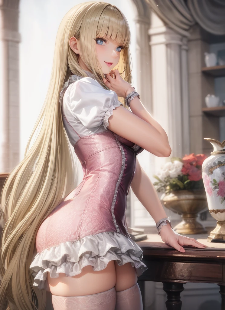 perfect eyes:1.2, detailed eyes:1.4, Emilie T8, blunt bangs, blue eyes, long hair, blonde hair, thighhighs, pink frilled dress, frilled ascot, fingerless gloves, smile, red eyeshadow:1.2, makeup:1.2, cowboy shot, 1girl, solo, (masterpiece:1.6, best quality), 8k, insane details, intricate details, hyperdetailed, hyper quality, high detail, ultra detailed, professional, HDR, ray tracing reflection, cinematic lighting,