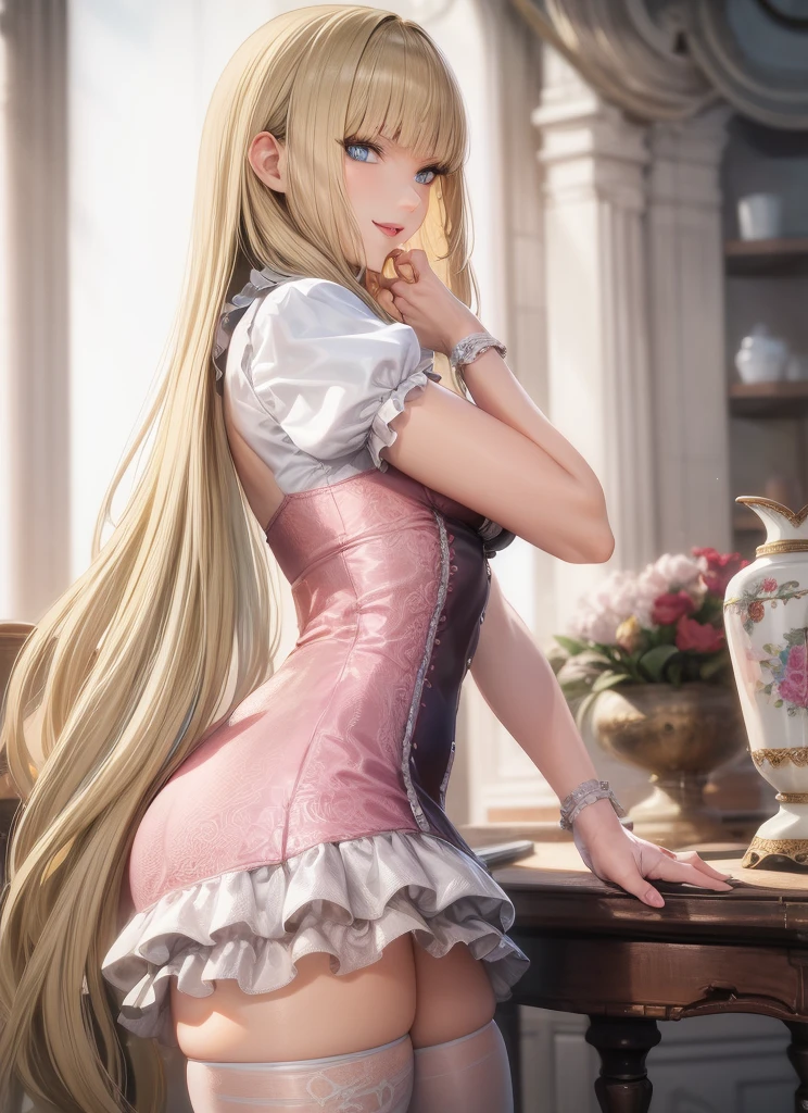 perfect eyes:1.2, detailed eyes:1.4, Emilie T8, blunt bangs, blue eyes, long hair, blonde hair, thighhighs, pink frilled dress, frilled ascot, fingerless gloves, smile, red eyeshadow:1.2, makeup:1.2, cowboy shot, 1girl, solo, (masterpiece:1.6, best quality), 8k, insane details, intricate details, hyperdetailed, hyper quality, high detail, ultra detailed, professional, HDR, ray tracing reflection, cinematic lighting,