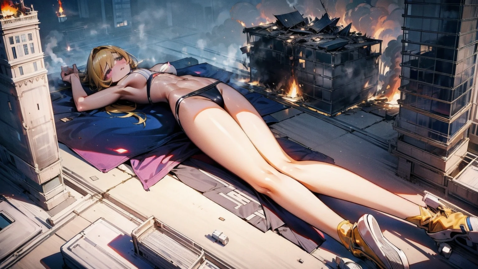 Giantess with firm , long sexy legs, yellow hair and in a bikini is lying on the ground, while the city at her feet burns in flames for the destruction she has caused, while the tiny people climb on her body to try to defeat her uselessly. Giantess, goddess, macrophilia, curvaceous body, hentai, fetish, sexy legs, bikini, high heels, high quality