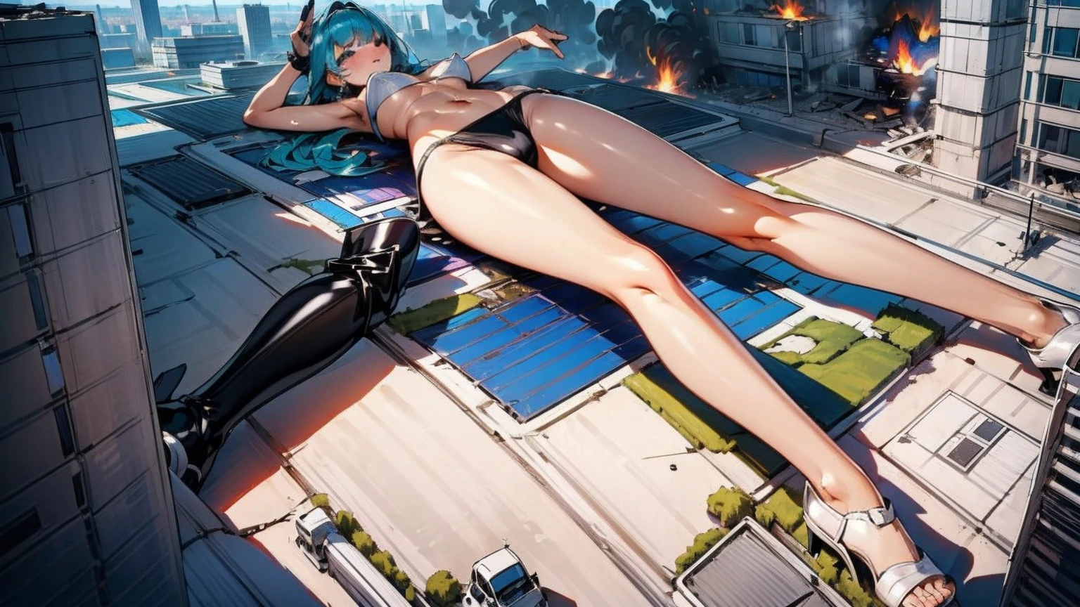 Giantess with firm , long sexy legs, yellow hair and in a bikini is lying on the ground, while the city at her feet burns in flames for the destruction she has caused, while the tiny people climb on her body to try to defeat her uselessly. Giantess, goddess, macrophilia, curvaceous body, hentai, fetish, sexy legs, bikini, high heels, high quality
