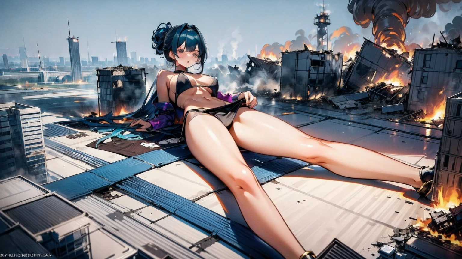 Giantess with firm , long sexy legs, yellow hair and in a bikini is lying on the ground, while the city at her feet burns in flames for the destruction she has caused, while the tiny people climb on her body to try to defeat her uselessly. Giantess, goddess, macrophilia, curvaceous body, hentai, fetish, sexy legs, bikini, high heels, high quality