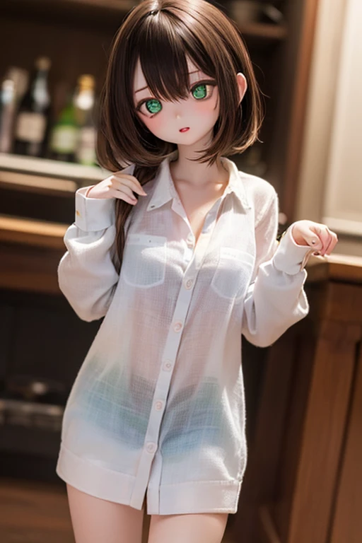 (SFW:2), photorealistic, realistic photo, 8k, ((highest quality)), ((masterpiece)), (extremely detailed), kukolnydom, doll, (female, 20yo, 20 years old:1.6), solo, ((cowboy shot, standing)), skinny, slim, slender, thin body, (naked shirt, parted lips, green eyes, brown hair, plastic skin, looking at another, glass eyes, gradient eyes, shining eyes, detailed eyes:1.3)