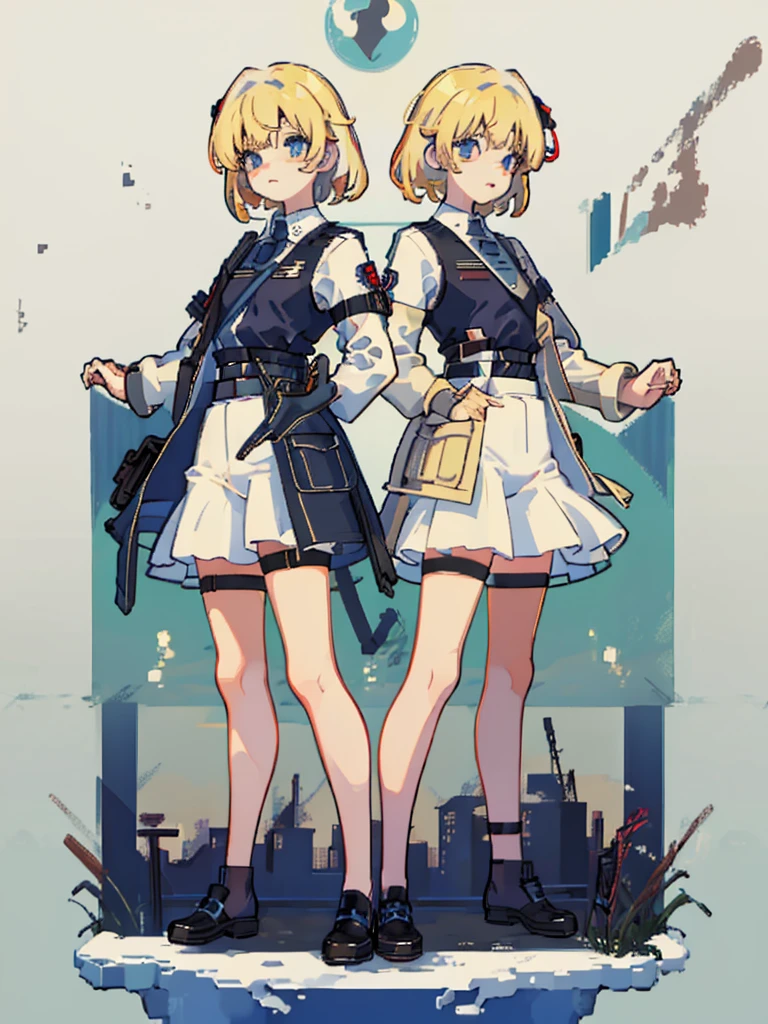 (((Full Body))) (((Twins))) ((Detailed)) They are boys 12-year-old twin with blonde and short hair. One has an energetic and curious expression, dressed in rugged survival attire. Another one appears more serious and focused, also dressed in practical survival gear with a pragmatic touch. 