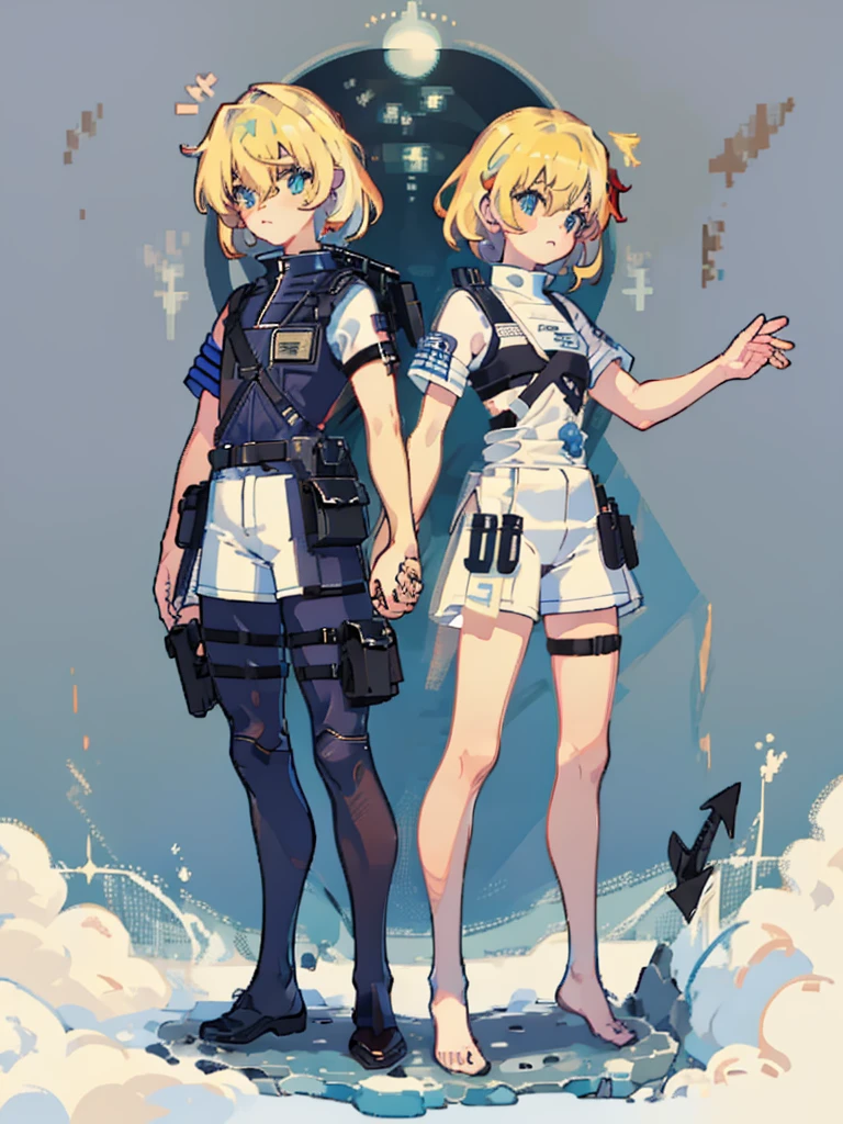 (((Full Body))) (((Twins))) ((Detailed)) They are boys 12-year-old twin with blonde and short hair. One has an energetic and curious expression, dressed in rugged survival attire. Another one appears more serious and focused, also dressed in practical survival gear with a pragmatic touch. 