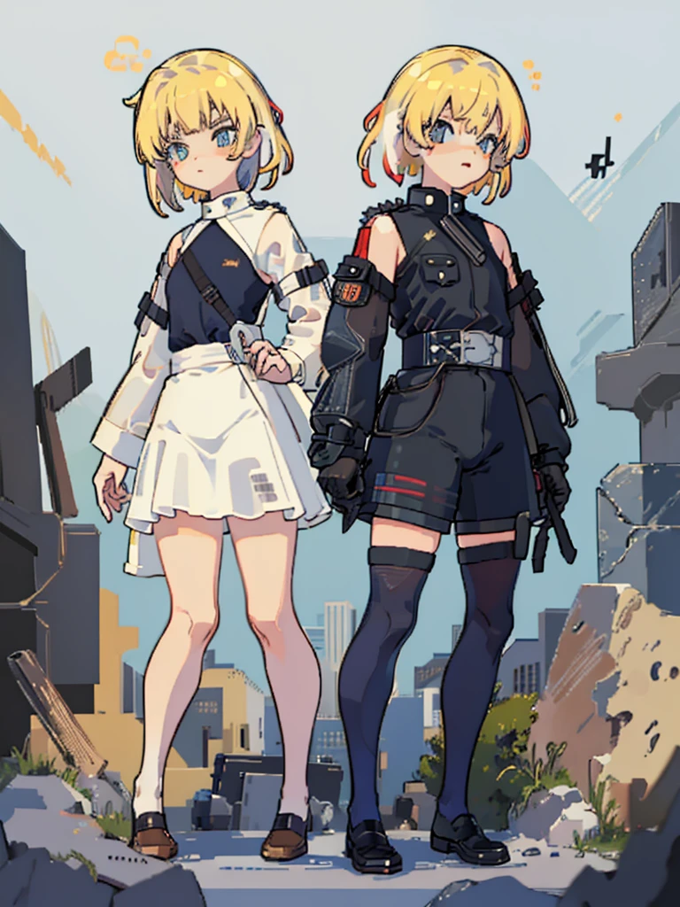 (((Full Body))) (((Twins))) ((Detailed)) They are boys 12-year-old twin with blonde and short hair. One has an energetic and curious expression, dressed in rugged survival attire. Another one appears more serious and focused, also dressed in practical survival gear with a pragmatic touch. 