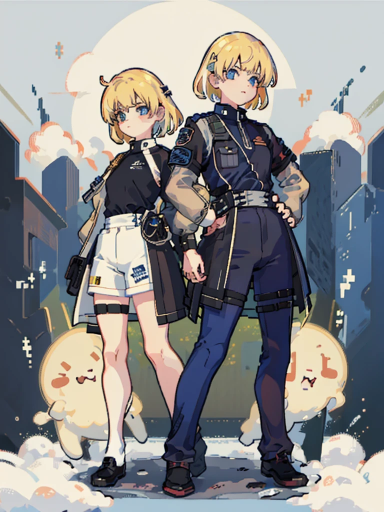 (((Full Body))) (((Twins))) ((Detailed)) They are boys 12-year-old twin with blonde and short hair. One has an energetic and curious expression, dressed in rugged survival attire. Another one appears more serious and focused, also dressed in practical survival gear with a pragmatic touch. 