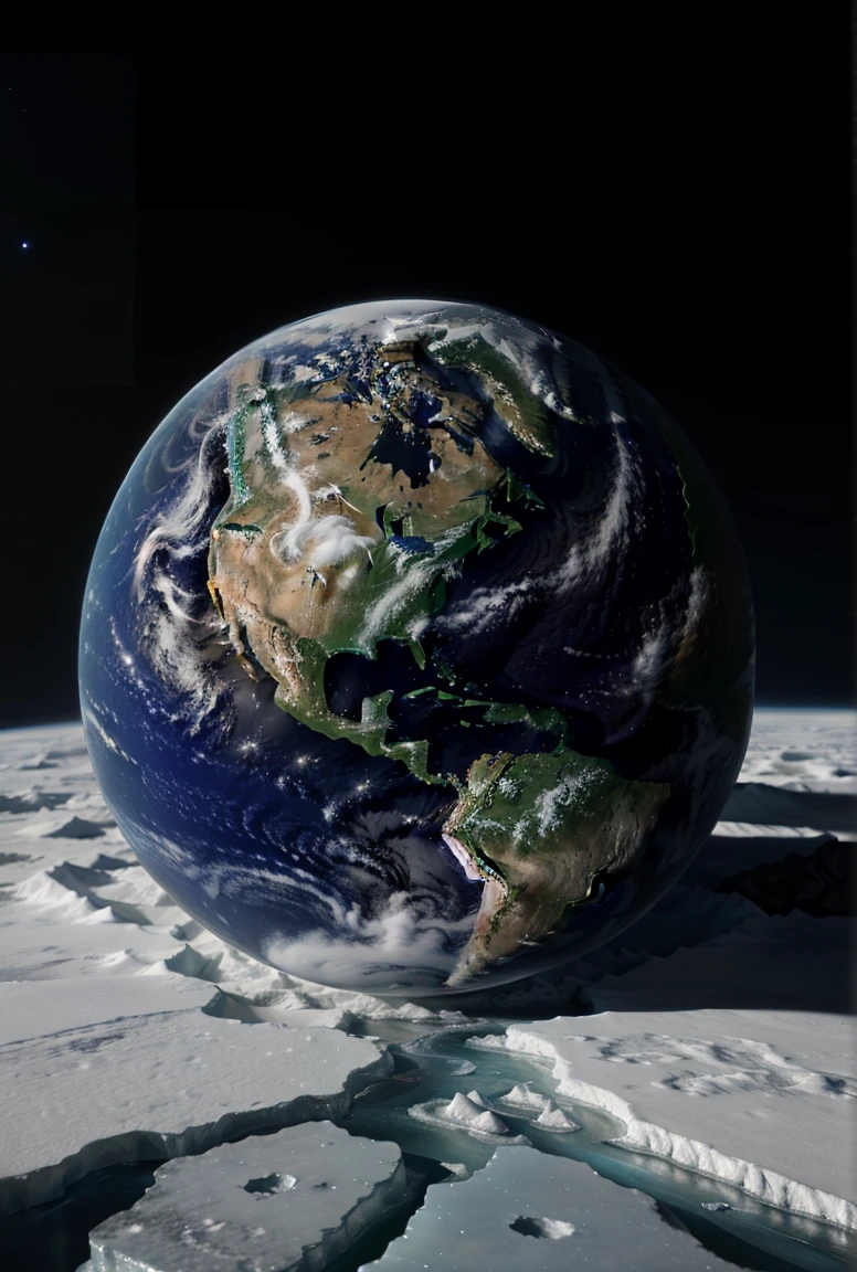 Realistic Earth, Covered by a significant layer of ice, Earth centered in the frame with a space backdrop, Extensive layers of ice indicate a colder global climate, and the dark space around Earth provides contrast, The Earth's atmosphere has a faint glow at the edges to emphasize its round shape and add depth to the composition.