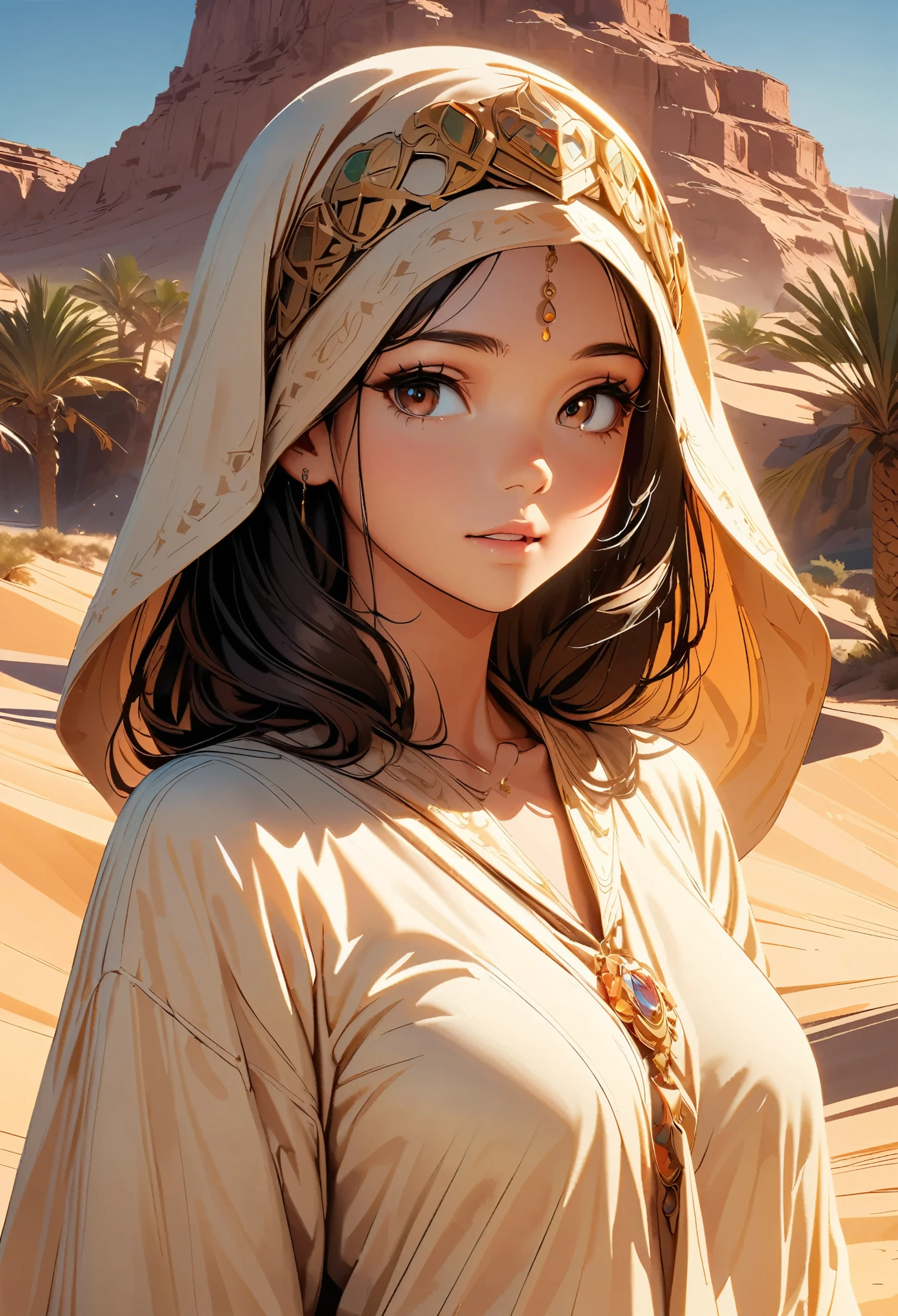 Beautiful young woman, Desert Princess, Sharp Eye, Delicate facial features, Abaya hides the body lines, Hijab to cover hair, flowing robe, Intricate Jewelry, Ornate headdress, Desert Landscape, Sunny, Golden Dunes, oasis, Palm tree, Dramatic lighting, Cinematic, Digital illustration, 8K, high quality, Super detailed.
