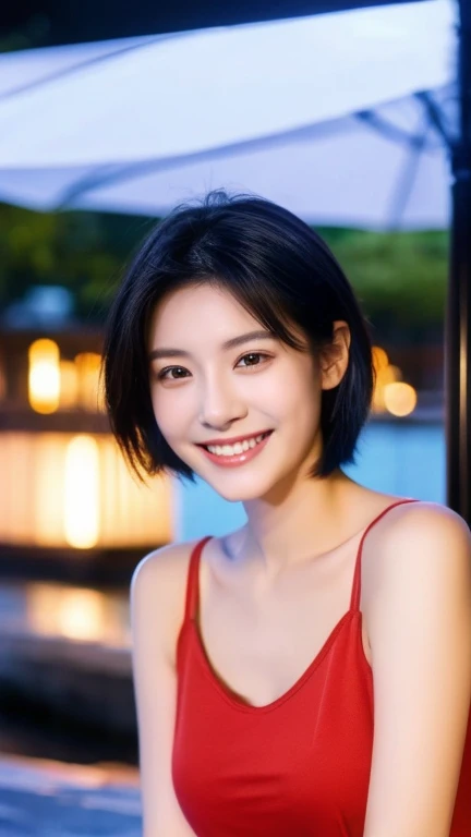 Highest quality、Japanese women、The most beautiful woman in the world、sexy、Blue-black hair color、Short Hair Style、Small face、Beautiful skin、night、Large breasts、Realistic、Red Tank Top、smile