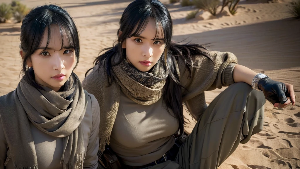 SEXY TOP, gloves, serious face, black cargo pants, combat knife, desert scarf, scarf covering mouth, desert oasis, extremely detailed eyes, extremely detailed face, best quality, extremely detailed, ultra-detailed, (realistic, photo-realistic:1.3)